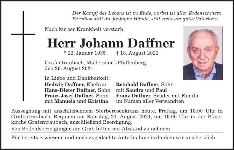 Traueranzeige Johann Daffner