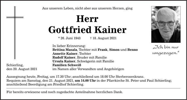 Traueranzeige Gottfried Kainer