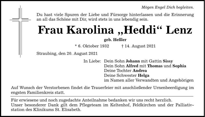 Traueranzeige Karolina Lenz