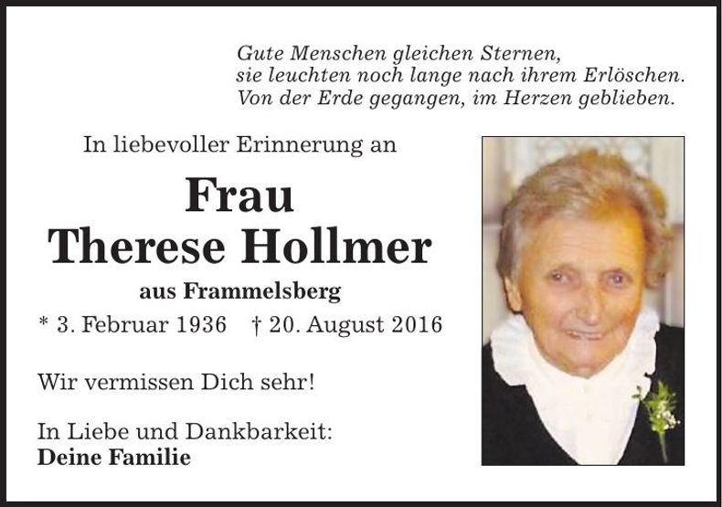 Traueranzeige Therese Hollmer