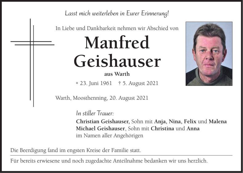 Traueranzeige Manfred Geishauser