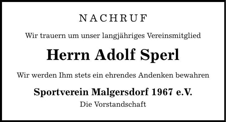 Traueranzeige Adolf Sperl
