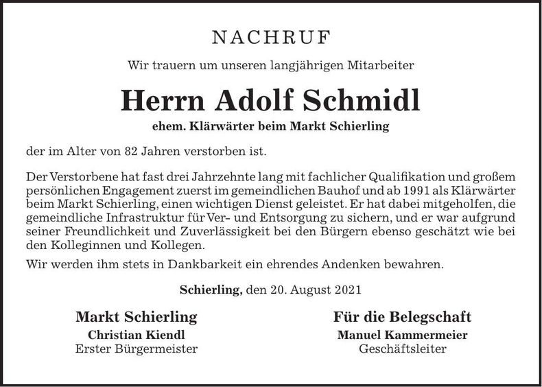 Traueranzeige Anton Schmidl