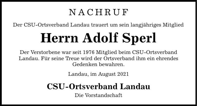 Traueranzeige Adolf Sperl