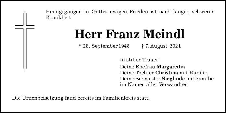 Traueranzeige Franz Meindl