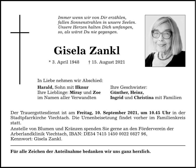 Traueranzeige Gisela Zankl
