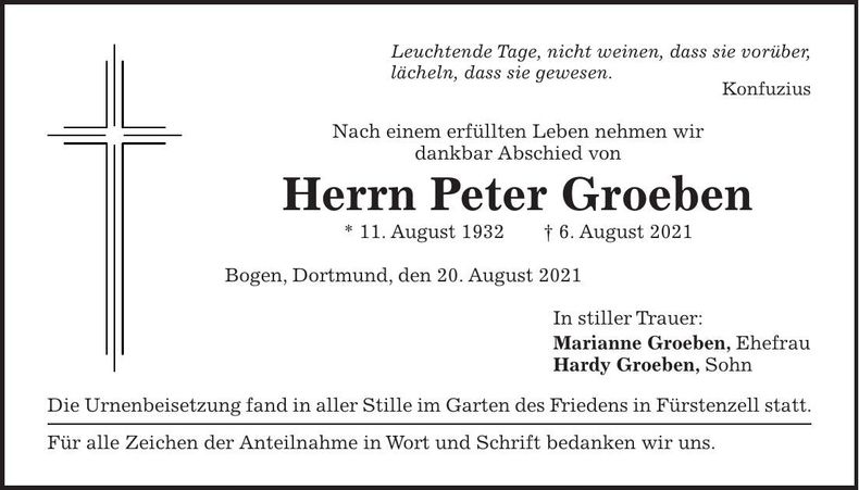 Traueranzeige Peter Groeben