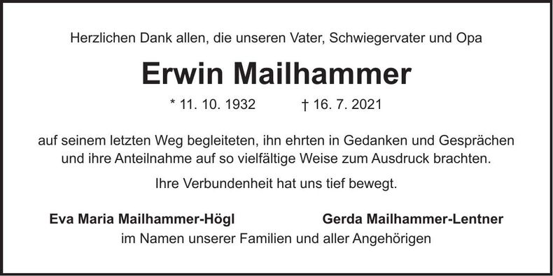 Traueranzeige Erwin Mailhammer