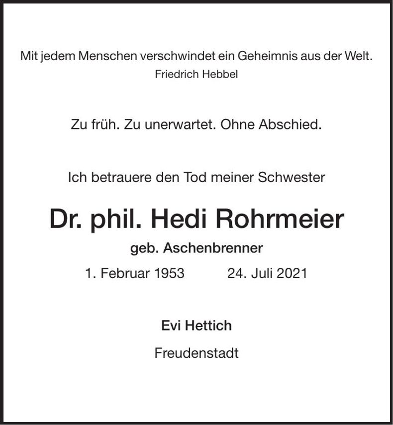 Traueranzeige Hedi Rohrmeier