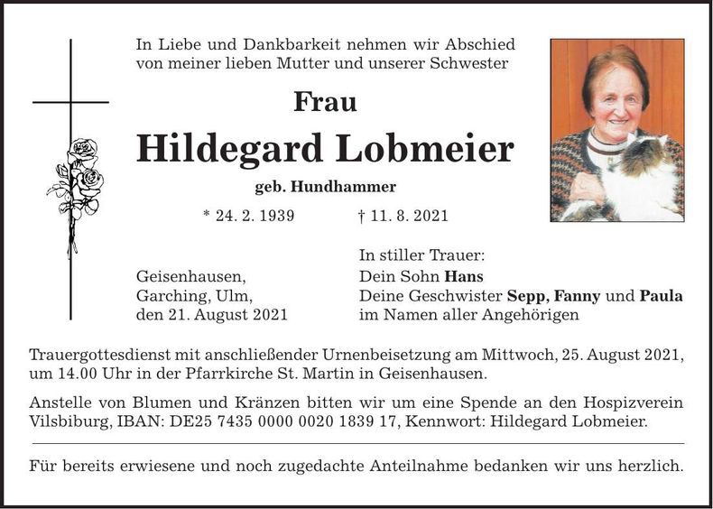 Traueranzeige Hildegard Lobmeier