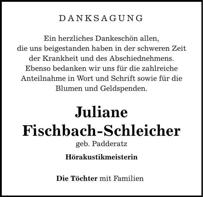 Traueranzeige Juliane Fischbach-Schleicher