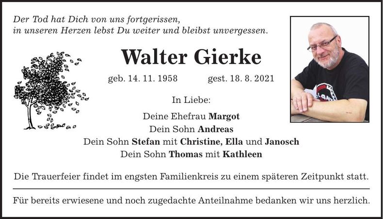 Traueranzeige Walter Gierke