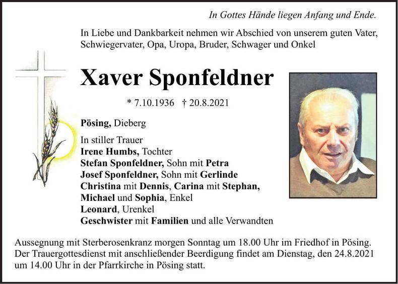 Traueranzeige Xaver Sponfeldner