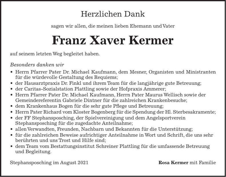 Traueranzeige Xaver Kermer