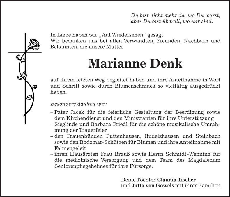 Traueranzeige Marianne Denk