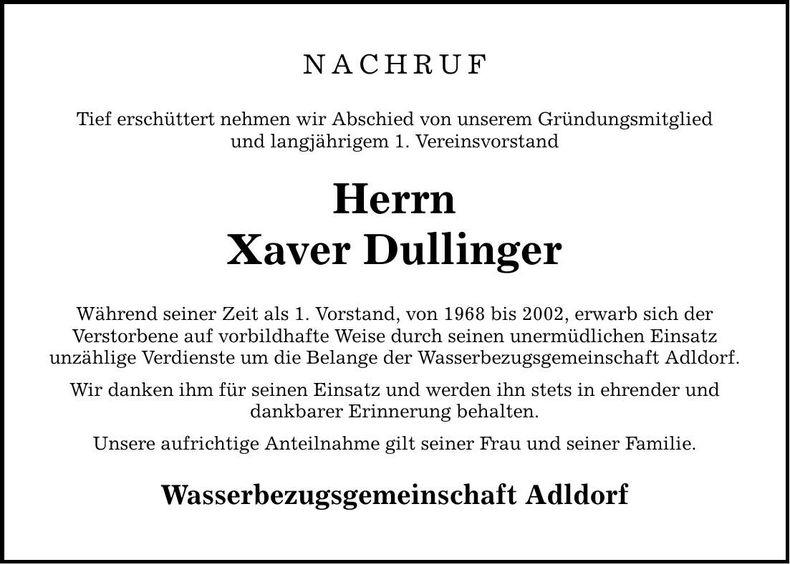 Traueranzeige Xaver Dullinger