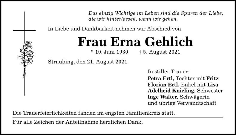 Traueranzeige Erna Gehlich