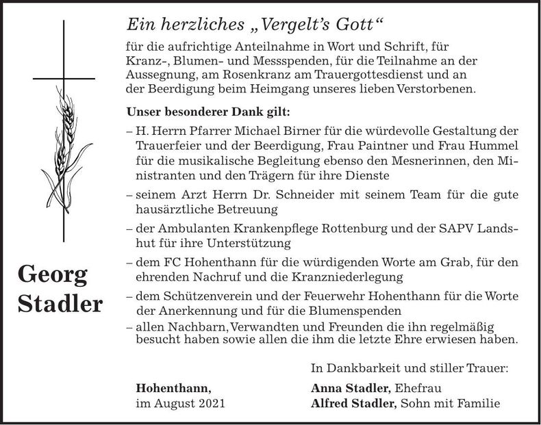 Traueranzeige Georg Stadler
