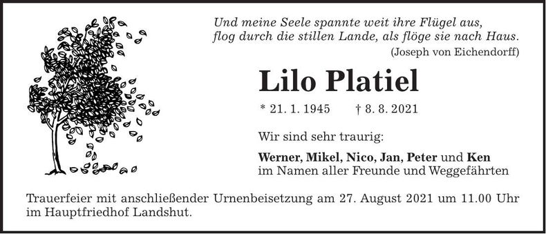 Traueranzeige Lilo Platiel