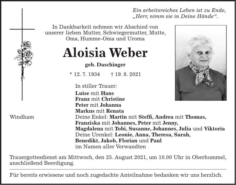 Traueranzeige Aloisia Weber