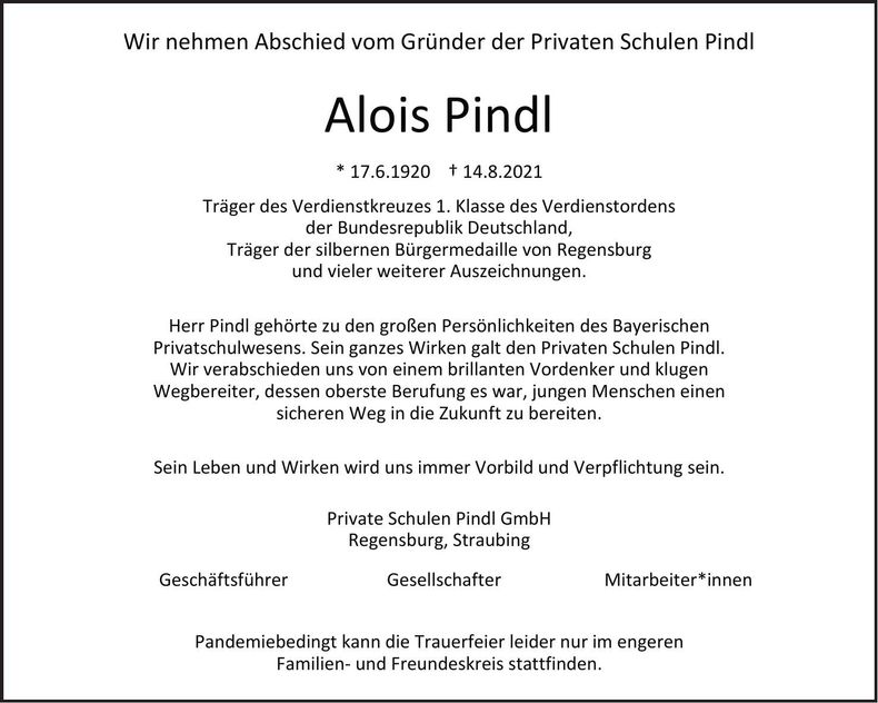 Traueranzeige Alois Pindl