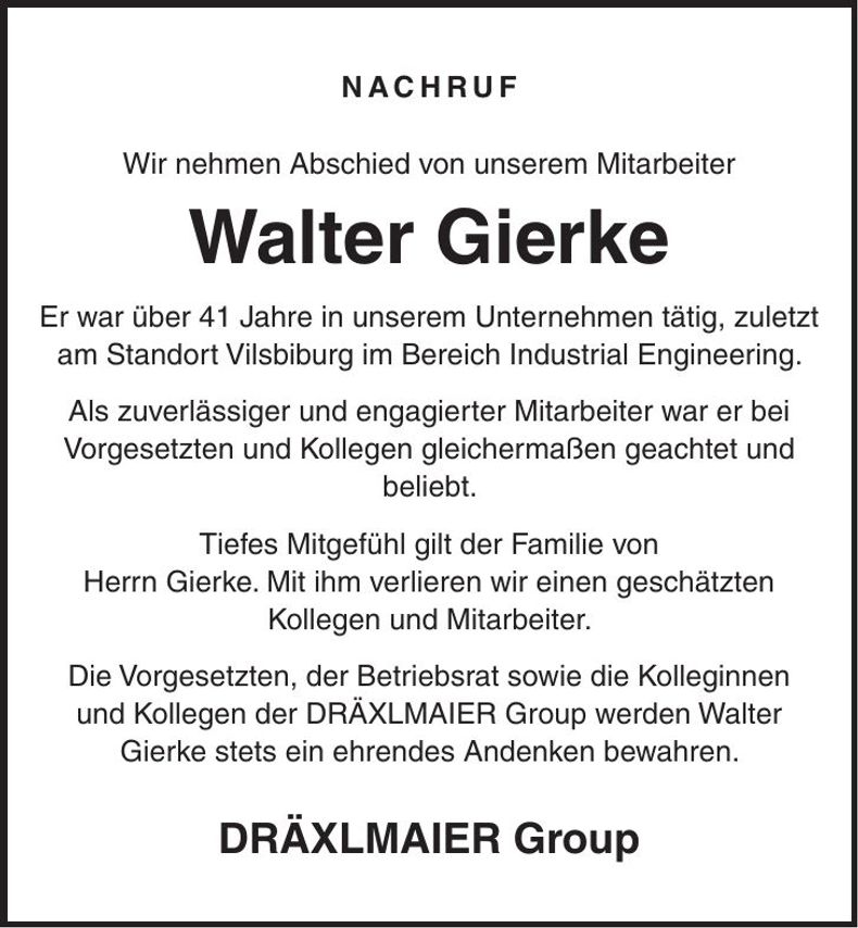 Traueranzeige Walter Gierke