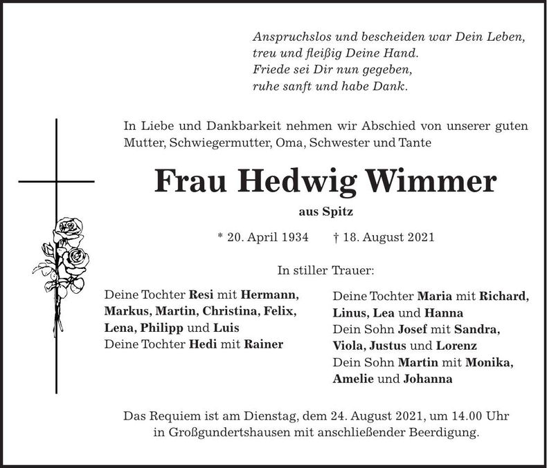 Traueranzeige Hedwig Wimmer