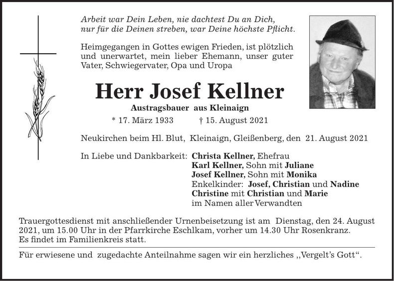 Traueranzeige Josef Kellner
