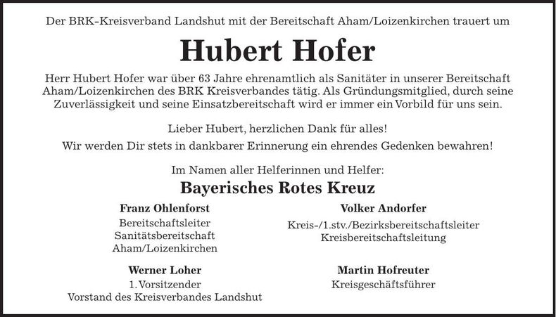 Traueranzeige Hubert Hofer