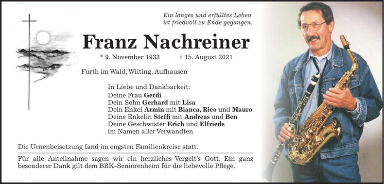 Traueranzeige Franz Nachreiner