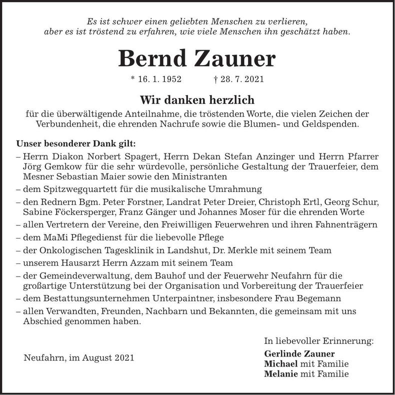 Traueranzeige Bernd Zauner