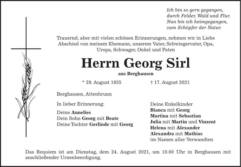 Traueranzeige Georg Sirl