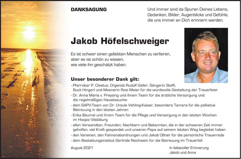 Traueranzeige Jakob Höfelschweiger