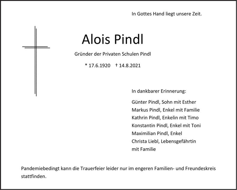 Traueranzeige Alois Pindl