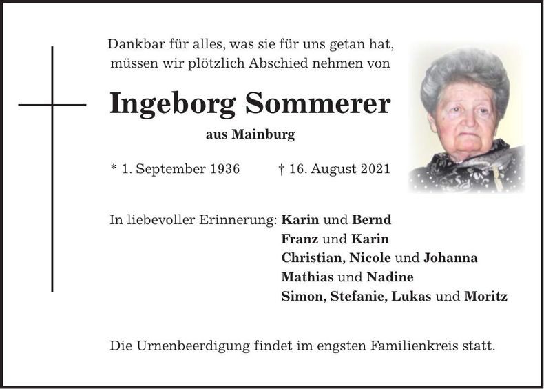 Traueranzeige Ingeborg Sommerer