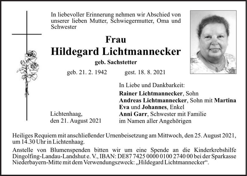 Traueranzeige Hildegard Lichtmannecker