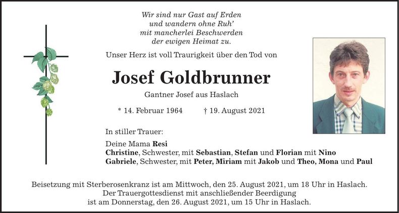 Traueranzeige Josef Goldbrunner
