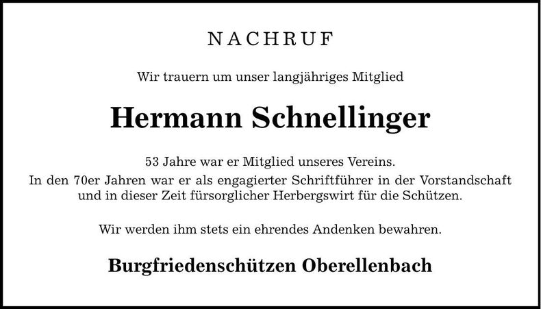 Traueranzeige Hermann Schnellinger