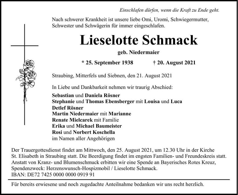Traueranzeige Lieselotte Schmack