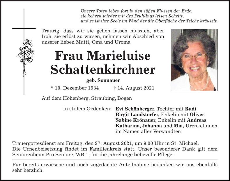 Traueranzeige Marieluise Schattenkirchner