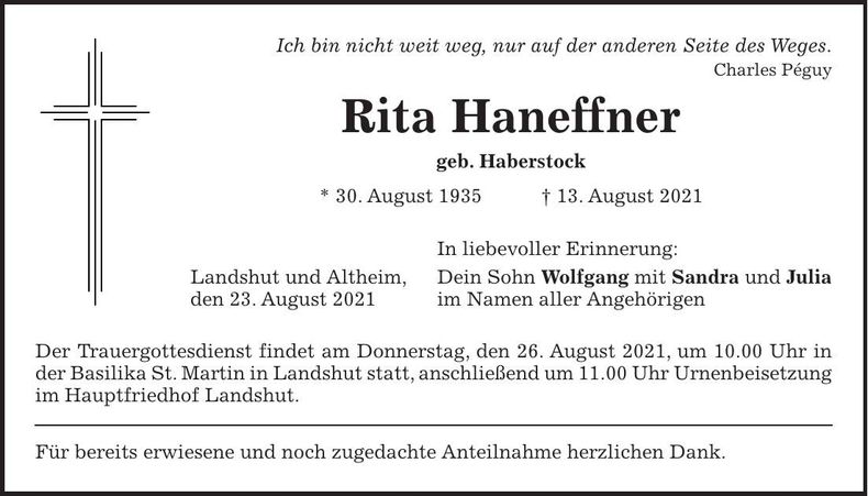 Traueranzeige Rita Haneffner