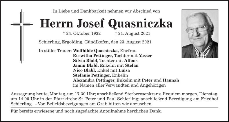 Traueranzeige Josef Quasniczka