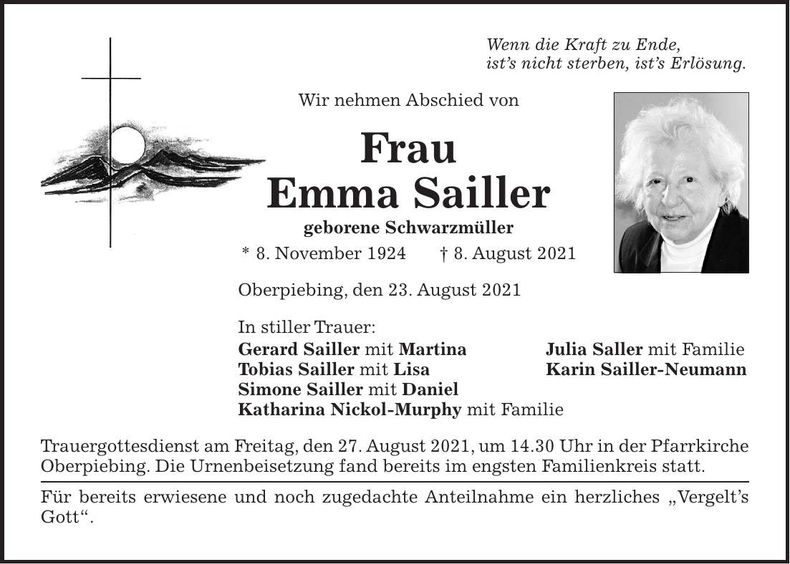 Traueranzeige Emma Sailler