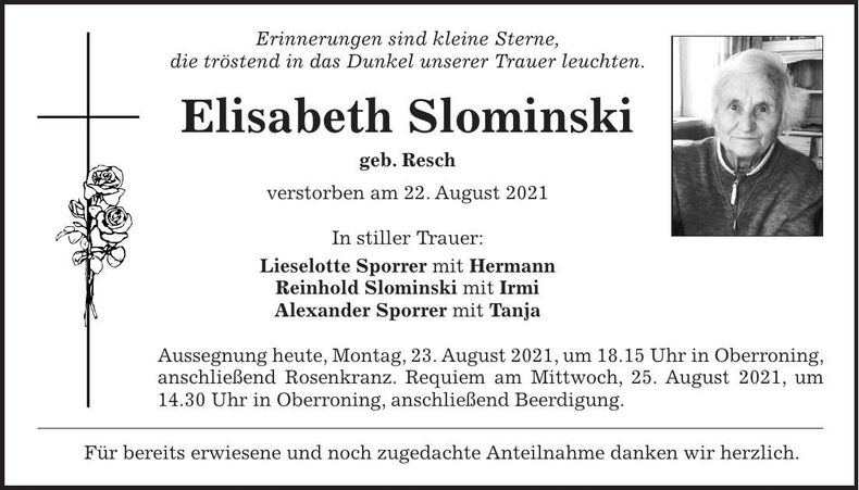 Traueranzeige Elisabeth Slominski