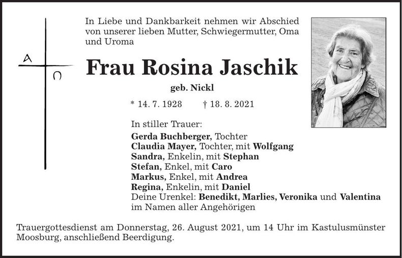 Traueranzeige Rosina Jaschik
