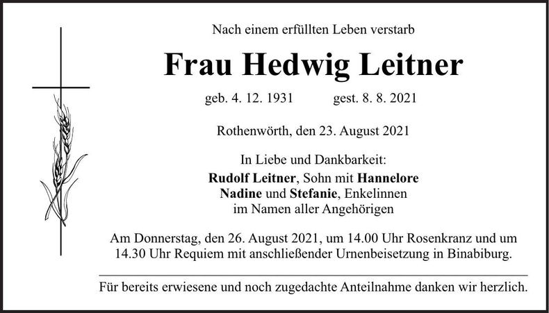 Traueranzeige Hedwig Leitner