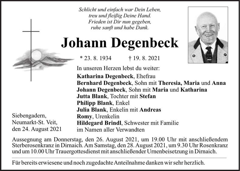 Traueranzeige Johann Degenbeck