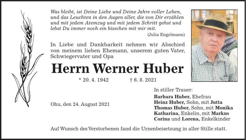 Traueranzeige Werner Huber