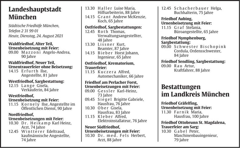 Traueranzeige Abendzeitung Bestattungskalender