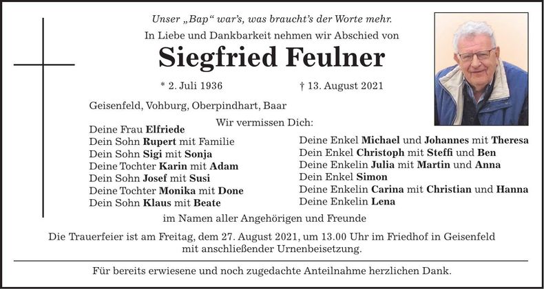 Traueranzeige Siegfried Feulner